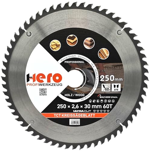 HERO Kreissägeblatt 250 x 30/20 mm 60 Zähne Hartmetall Sägeblatt TCT Ersatzsägeblatt für Holzbearbeitung Weich & Hartholz, Nichteisenmetalle Universal Handsäge, Gehrungssäge, Tischkreissäge, Kappsäge HERO Kreissägeblatt 250 x 30/20 mm 60 Zähne Hartmetall Sägeblatt TCT Ersatzsägeblatt für Holzbearbeitung Weich & Hartholz, Nichteisenmetalle Universal Handsäge, Gehrungssäge, Tischkreissäge, Kappsäge von HERO PROFIWERKZEUG