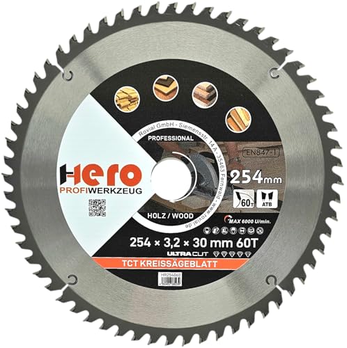 HERO Kreissägeblatt 254 x 30/20 mm 60 Zähne Hartmetall Sägeblatt TCT Ersatzsägeblatt für Holzbearbeitung Weich & Hartholz, Nichteisenmetalle Universal Handsäge, Gehrungssäge, Tischkreissäge, Kappsäge HERO Kreissägeblatt 254 x 30/20 mm 60 Zähne Hartmetall Sägeblatt TCT Ersatzsägeblatt für Holzbearbeitung Weich & Hartholz, Nichteisenmetalle Universal Handsäge, Gehrungssäge, Tischkreissäge, Kappsäge von HERO PROFIWERKZEUG