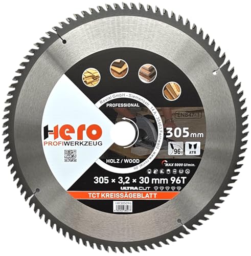 HERO Kreissägeblatt 305 x 30/20 mm 96 Zähne Hartmetall Sägeblatt TCT Ersatzsägeblatt für Holzbearbeitung Weich & Hartholz, Nichteisenmetalle Universal Handsäge, Gehrungssäge, Tischkreissäge, Kappsäge HERO Kreissägeblatt 305 x 30/20 mm 96 Zähne Hartmetall Sägeblatt TCT Ersatzsägeblatt für Holzbearbeitung Weich & Hartholz, Nichteisenmetalle Universal Handsäge, Gehrungssäge, Tischkreissäge, Kappsäge von HERO PROFIWERKZEUG