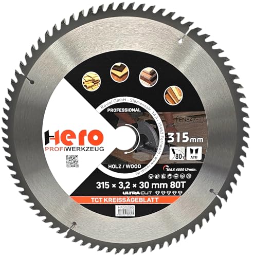 HERO Kreissägeblatt 315 x 30/20 mm 80 Zähne Hartmetall Sägeblatt TCT Ersatzsägeblatt für Holzbearbeitung Weich & Hartholz, Nichteisenmetalle Universal Handsäge, Gehrungssäge, Tischkreissäge, Kappsäge HERO Kreissägeblatt 315 x 30/20 mm 80 Zähne Hartmetall Sägeblatt TCT Ersatzsägeblatt für Holzbearbeitung Weich & Hartholz, Nichteisenmetalle Universal Handsäge, Gehrungssäge, Tischkreissäge, Kappsäge von HERO PROFIWERKZEUG