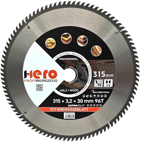 HERO Kreissägeblatt 315 x 30/20 mm 96 Zähne Hartmetall Sägeblatt TCT Ersatzsägeblatt für Holzbearbeitung Weich & Hartholz, Nichteisenmetalle Universal Handsäge, Gehrungssäge, Tischkreissäge, Kappsäge HERO Kreissägeblatt 315 x 30/20 mm 96 Zähne Hartmetall Sägeblatt TCT Ersatzsägeblatt für Holzbearbeitung Weich & Hartholz, Nichteisenmetalle Universal Handsäge, Gehrungssäge, Tischkreissäge, Kappsäge von HERO PROFIWERKZEUG