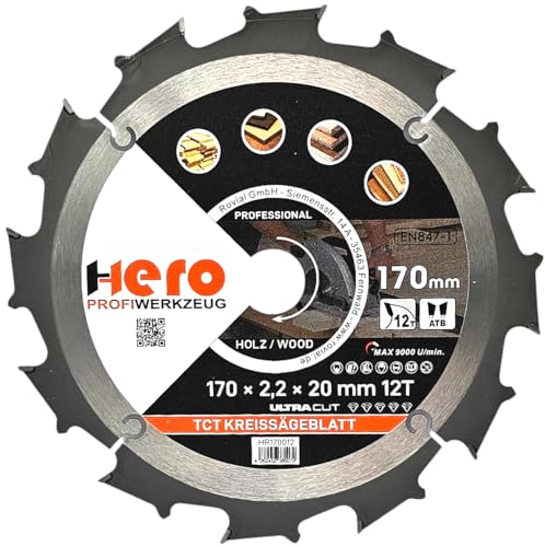 HERO Kreissägeblatt Hartmetall Sägeblatt TCT Ersatzsägeblatt Sägeblätter Kreissäge Holz/ALU Kreissägeblätter Tischkreissäge, Kappsäge (Für Holz/Holzwerkstoffe, Ø 170 x 20/16mm, 12T) von HERO PROFIWERKZEUG