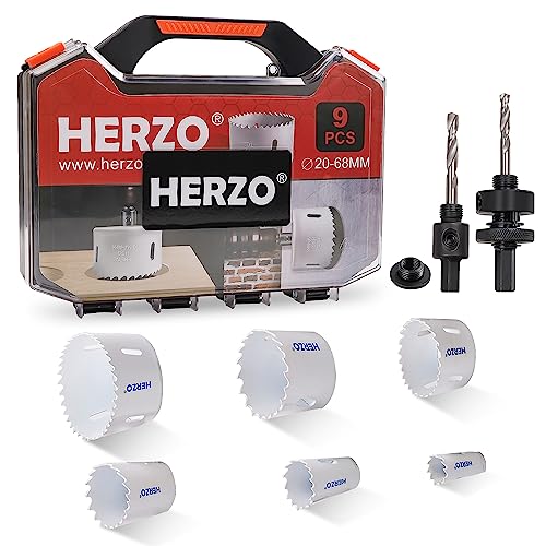 HERZO Lochsäge Bimetall Set, Premium 9-teiliges Carbide Lochsägen-Set für den anspruchsvollen Einsatz （Ø 20-68 mm）, für Holz, PVC-Platte und Kunststoffplatte von HERZO