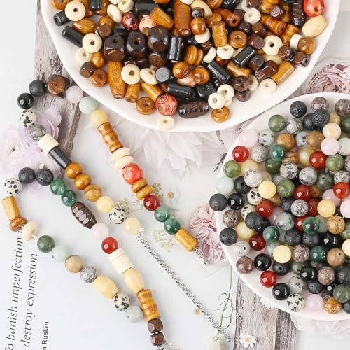 HERZONE 100pcs Edelsteine perlen zum Auffädeln Kristalle Perlen 8mm Naturstein Perlen ca.250pcs holzperlen für DIY Armband Halskette Schmuckherstellung (bunt A-100pcs(holzperlen)) von HERZONE