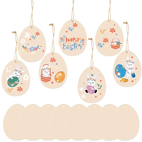 HERZONE 40pcs Ostern Holzanhänger Ostereier zum Bemalen Ostern Eier Holzscheiben mit Loch zum Aufhängen (eggs-8.5x6.5cm) von HERZONE