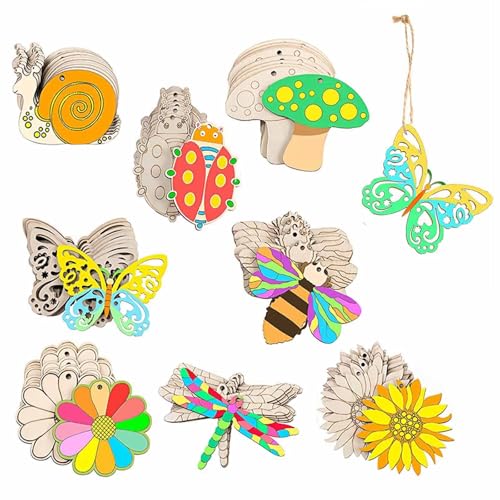 HERZONE 48pcs Holz Blumen zum Bemalen Frühlingsdeko Anhänger Schmetterlinge blumen Holzanhänger zum Bemalen Frühlingsanhänger aus Holz zum Aufhängen Fensterdeko Fensterhänger (mix) von HERZONE