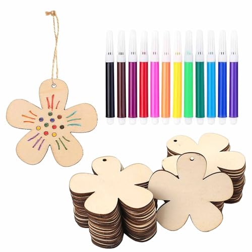 HERZONE 52pcs Holz Blumen zum Bemalen mit Aquarellstift Frühlingsdeko Anhänger Blumen Holzanhänger Frühlingsanhänger aus Holz zum Aufhängen Fensterdeko (Natur(Blumen)) von HERZONE