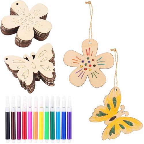 HERZONE 52pcs Holz Blumen zum Bemalen mit mit Aquarellstift Frühlingsdeko Anhänger Schmetterlinge Blumen Holzanhänger Frühlingsanhänger aus Holz zum Aufhängen Fensterdeko (Schmetterling+Blumen) von HERZONE