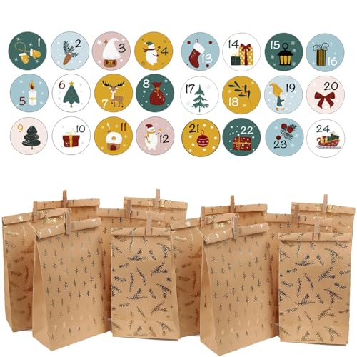 HERZONE Adventskalender zum Befüllen 24stk braunen Papiertüten zum selbst Befüllen und Zahlen Aufkleber – Adventskalender zum Basteln – DIY Adventskalender Selber Befüllen (gold 2type) von HERZONE