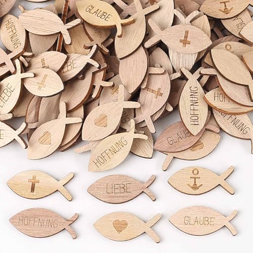 HERZWILD 100 Stücke Tischdeko Konfirmation Kommunion Taufe, Holzfische Deko Kommunion Konfirmation Taufe, Streudeko Fische Konfetti Holz für Junge Mädchen Firmung Deko (A) von HERZWILD