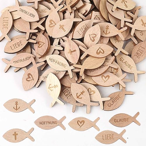 HERZWILD 100 Stücke Tischdeko Konfirmation Kommunion Taufe, Holzfische Deko Kommunion Konfirmation Taufe, Streudeko Fische Konfetti Holz für Junge Mädchen Firmung Deko (B) von HERZWILD