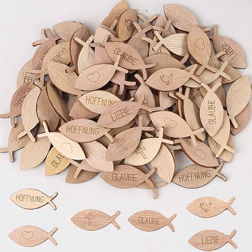 HERZWILD 100 Stücke Tischdeko Konfirmation Kommunion Taufe, Holzfische Deko Kommunion Konfirmation Taufe, Streudeko Fische Konfetti Holz für Junge Mädchen Firmung Deko (C) von HERZWILD