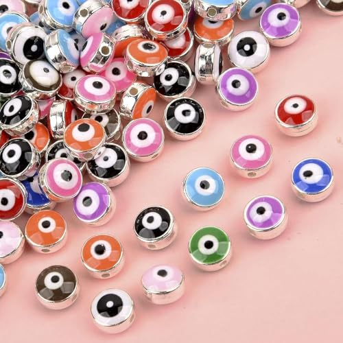 HERZWILD 100pcs Evil Eye Perlen zum Auffädeln Augen perlen bunt DIY-Schmuck für Armbänder Halskette Schmuck herstellen Für DIY Schmuckherstellung (E-silver) von HERZWILD
