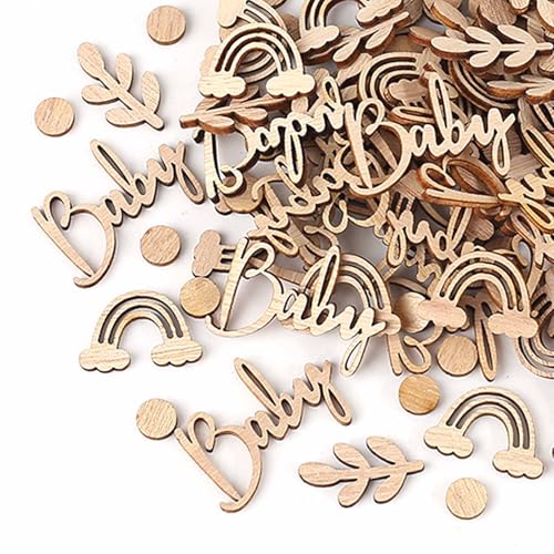 HERZWILD 200pcs Holz Konfetti mit Baby, Babyparty Deko Regenbogen, Salbeiblatt und Punkt Mustern - Streudeko Babyparty - Tischdekoration Babyshower, Gender Reveal Party uvm. (baby) von HERZWILD