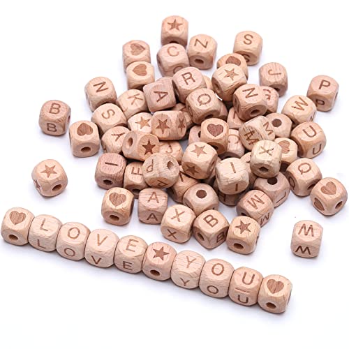 HERZWILD 72pcs holzperlen mit buchstaben buchstabenperlen holzperlen würfel herz holzperlen stern holzperlen12mm natur holzperle zum Basteln für Handwerk von HERZWILD