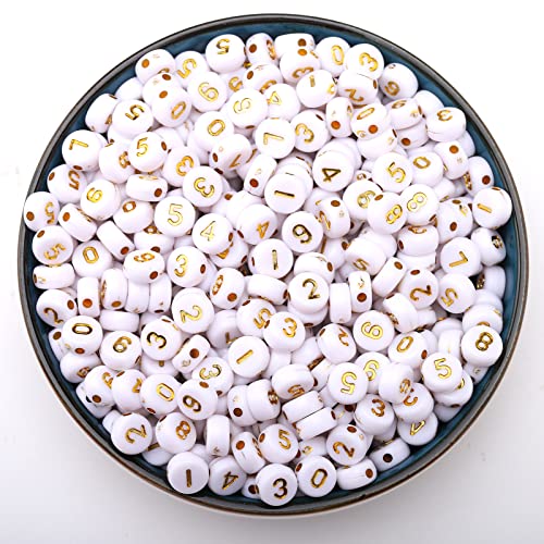 HERZWILD 800pcs Nummern Perlen Nummer 0-9 perlen 4x7mm Zahlenperlen Rund bastelnperlen für Schmuck Basteln (4 * 7 gold-number) von HERZWILD