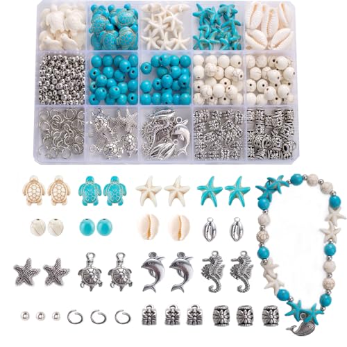 HERZWILD Ozeanperlen Meeres Schildkröte Perlen Türkis Seestern Perle Muschel perlen Für Armbänder DIY Beads Zubehör (Blue White and silver) von HERZWILD
