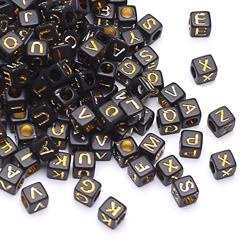 HERZWILD buchstabenperlen zum auffädeln ca.1000pcs 6x6mm buchstaben perlen viereckig bastelnperlen Buchstaben A-Z perlen für Schmuck Basteln (gold-black) von HERZWILD