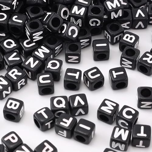 HERZWILD buchstabenperlen zum auffädeln ca.1000pcs 6x6mm buchstaben perlen viereckig bastelnperlen Buchstaben A-Z perlen für Schmuck Basteln (white-black) von HERZWILD