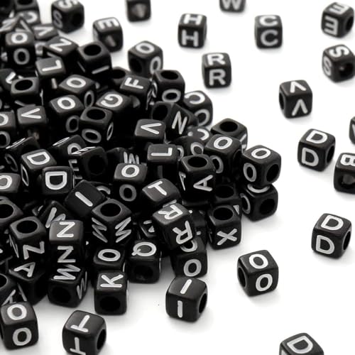 HERZWILD buchstabenperlen zum auffädeln ca.1000pcs 6x6mm buchstaben perlen viereckig bastelnperlen Buchstaben A-Z perlen für Schmuck Basteln (white-black) von HERZWILD