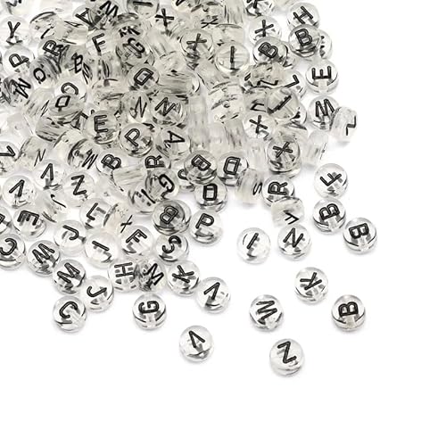 HERZWILD ca.1000pcs 4x7mm buchstabenperlen zum auffädeln bunt Buchstaben perlen bastelnperlen Buchstaben A-Z perlen für Schmuck Basteln (transparent-black) von HERZWILD