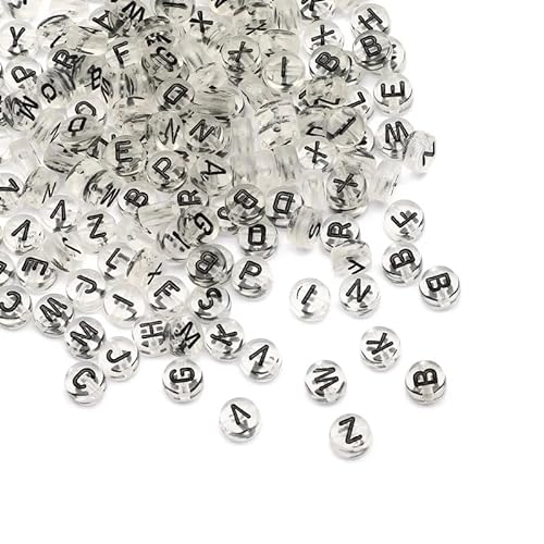 HERZWILD ca.1000pcs 4x7mm buchstabenperlen zum auffädeln bunt Buchstaben perlen bastelnperlen Buchstaben A-Z perlen für Schmuck Basteln (transparent-black) von HERZWILD