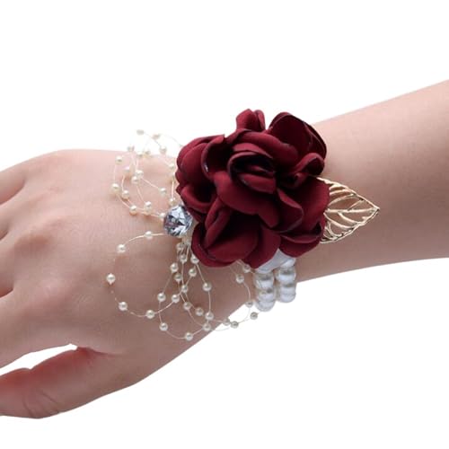HESHUWEN Blumenarmband 2 Stücke Handgelenk Blume Boutonniere(Wine-Red) von HESHUWEN