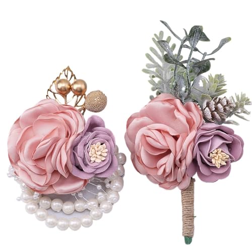 HESHUWEN Blumenarmband 2-teiliges Set mit Ansteckblumen und Boutonniere for das Handgelenk Boutonniere(Pink Set) von HESHUWEN