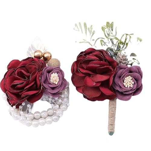 HESHUWEN Blumenarmband 2-teiliges Set mit Ansteckblumen und Boutonniere for das Handgelenk Boutonniere(Wine Set) von HESHUWEN