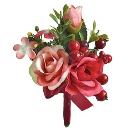 HESHUWEN Blumenarmband 4-teiliges Blumen-Anstecker for das Handgelenk Boutonniere(Red Corsage) von HESHUWEN