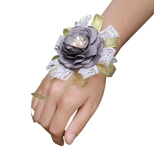 HESHUWEN Blumenarmband Braut Brautjungfer Handgelenk Corsage Rosa Simulation Blume Band Party Hochzeit Liefert Boutonniere(Grey) von HESHUWEN