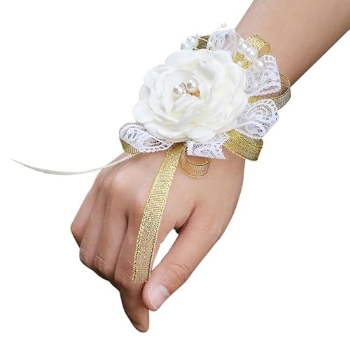 HESHUWEN Blumenarmband Braut Brautjungfer Handgelenk Corsage Rosa Simulation Blume Band Party Hochzeit Liefert Boutonniere(White) von HESHUWEN