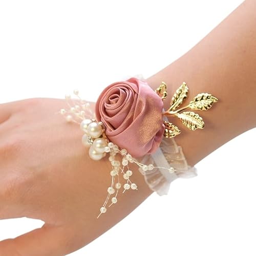 HESHUWEN Blumenarmband Brautgeschenke Handblumen Party Abschlussball Zubehör Brautjungfer Faux Rose Armband Hochzeit Handgelenk Corsage Polyesterband Perlenschleife Boutonniere(Gold) von HESHUWEN