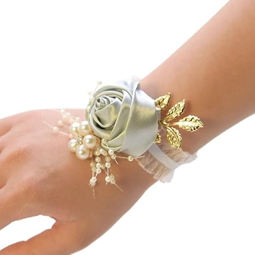 HESHUWEN Blumenarmband Brautgeschenke Handblumen Party Abschlussball Zubehör Brautjungfer Faux Rose Armband Hochzeit Handgelenk Corsage Polyesterband Perlenschleife Boutonniere(Gray) von HESHUWEN
