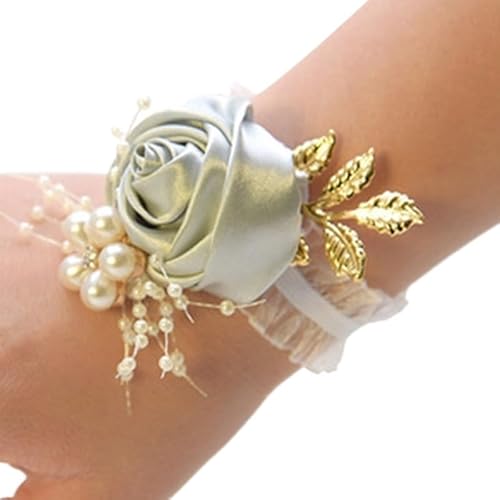 HESHUWEN Blumenarmband Brautjungfer Faux Rose Armband Hochzeit Handgelenk Polyester Band Perle Bogen Braut Geschenke Hand Blumen Party Zubehör Großhandel Boutonniere(Light Grey) von HESHUWEN