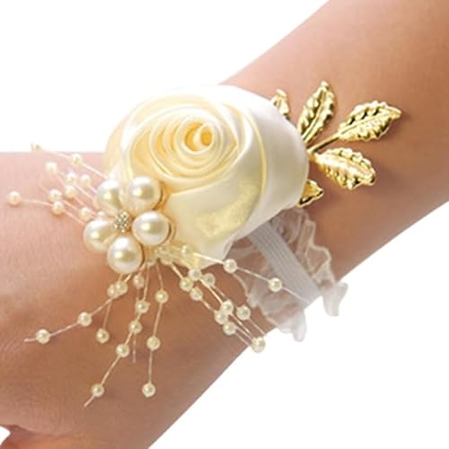 HESHUWEN Blumenarmband Brautjungfer Faux Rose Armband Hochzeit Handgelenk Polyester Band Perle Bogen Braut Geschenke Hand Blumen Party Zubehör Großhandel Boutonniere(Milk White) von HESHUWEN