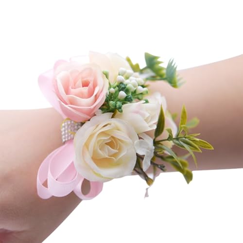 HESHUWEN Blumenarmband Brautjungfer Handgelenk Blumen Rose Seidenband Braut Hand Dekorative Braut Hochzeit Armband Armband Geschenke Hochzeit Party Decor Boutonniere(Light pink) von HESHUWEN