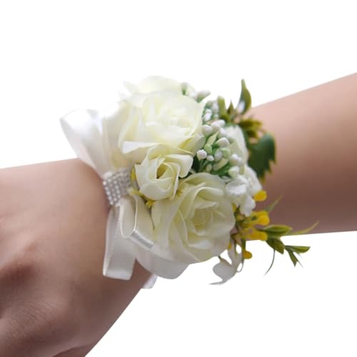 HESHUWEN Blumenarmband Brautjungfer Handgelenk Blumen Rose Seidenband Braut Hand Dekorative Braut Hochzeit Armband Armband Geschenke Hochzeit Party Decor Boutonniere(White) von HESHUWEN