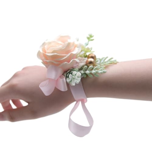 HESHUWEN Blumenarmband Champagner Rose Blumen Seidenband Schärpe Handgelenk Boutonniere(Color 02) von HESHUWEN