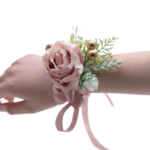 HESHUWEN Blumenarmband Champagner Rose Blumen Seidenband Schärpe Handgelenk Boutonniere(Color 03) von HESHUWEN