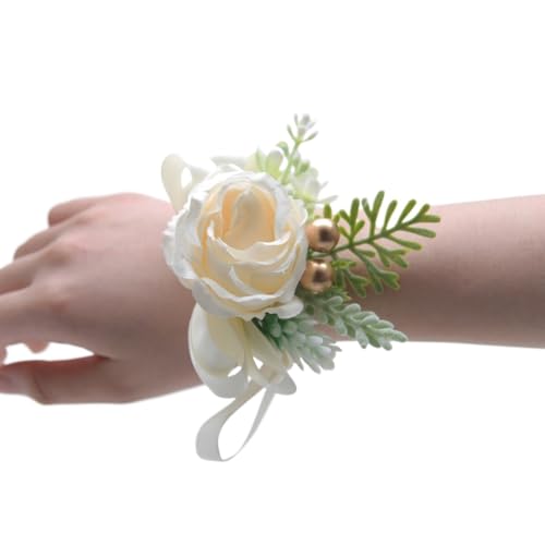 HESHUWEN Blumenarmband Champagner Rose Blumen Seidenband Schärpe Handgelenk Boutonniere(Color 11) von HESHUWEN