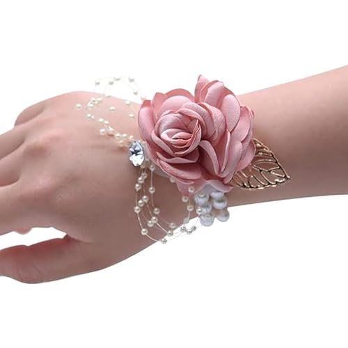 HESHUWEN Blumenarmband Hochzeit Braut Brautjungfern Perle Blatt Handgelenk Blume Party Tanz Hand Blume Kristall Zubehör for Damen und Mädchen (rosa) Boutonniere von HESHUWEN
