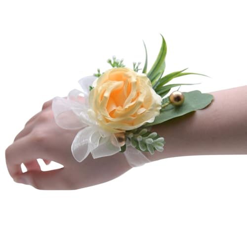 HESHUWEN Blumenarmband Rose Künstliche Blumen Handgelenk Corsage Spitze Schärpe Brautjungfer Rosa Zubehör Armband Boutonniere(Color 03) von HESHUWEN