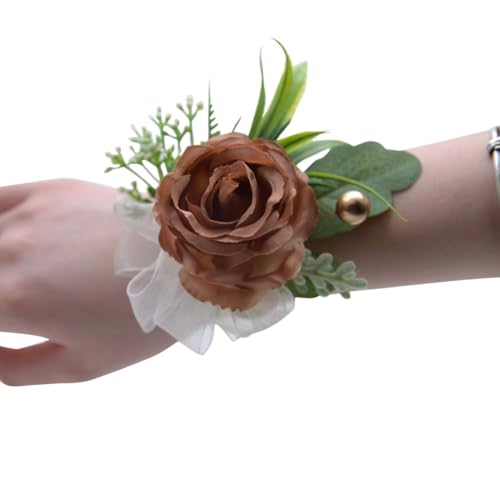 HESHUWEN Blumenarmband Rose Künstliche Blumen Handgelenk Corsage Spitze Schärpe Brautjungfer Rosa Zubehör Armband Boutonniere(Color 04) von HESHUWEN