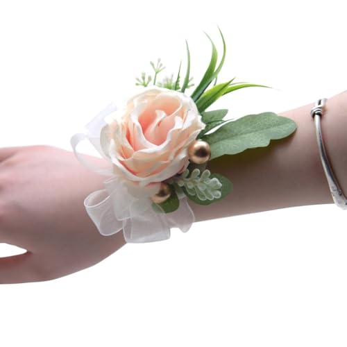 HESHUWEN Blumenarmband Rose Künstliche Blumen Handgelenk Corsage Spitze Schärpe Brautjungfer Rosa Zubehör Armband Boutonniere(Color 07) von HESHUWEN