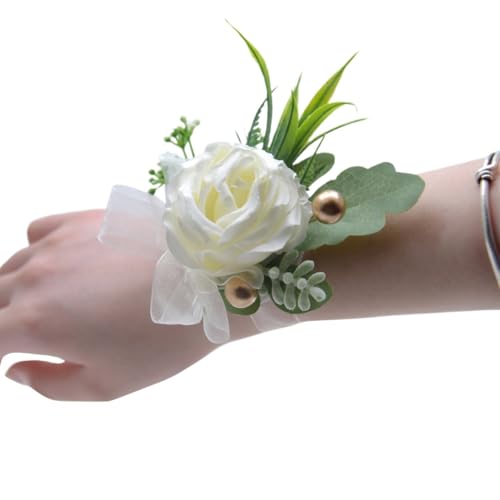 HESHUWEN Blumenarmband Rose Künstliche Blumen Handgelenk Corsage Spitze Schärpe Brautjungfer Rosa Zubehör Armband Boutonniere(Color 08) von HESHUWEN