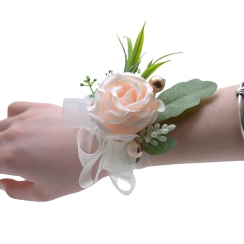 HESHUWEN Blumenarmband Rose Künstliche Blumen Handgelenk Corsage Spitze Schärpe Brautjungfer Rosa Zubehör Armband Boutonniere(Color 13) von HESHUWEN