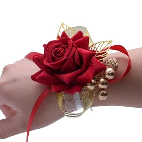 HESHUWEN Blumenarmband Rote Brautjungfern Handgelenk Corsage Party Stoff Rose Armband Blume Band Dekor Braut Hochzeit Ornament Dekor Brautjungfer Hand Flore Boutonniere(Red) von HESHUWEN