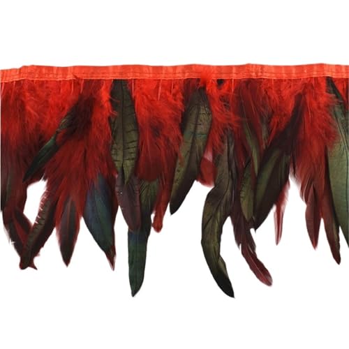 HEUchuan 10 Meter Hahnenfedern, Fransenbesatz auf Band, Huhn, Hahn, Fasanenfeder for Kleidung, Band, Nähen, Dekoration für DIY Nähen Handwerk Dekoration(Red) von HEUchuan