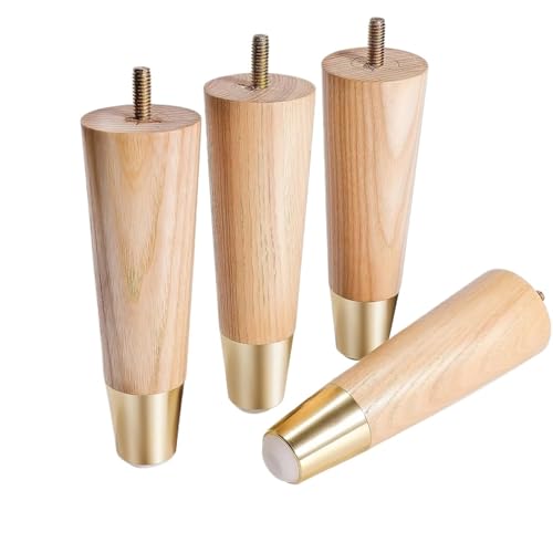 HEUchuan 4 Stück Möbelbeine mit goldenen Kappen, Holzbeine for Sofas, Stühle, Tische, Kommoden, Betten, Schränke für Couch, Liegestuhl(6inch-Mid-Century) von HEUchuan